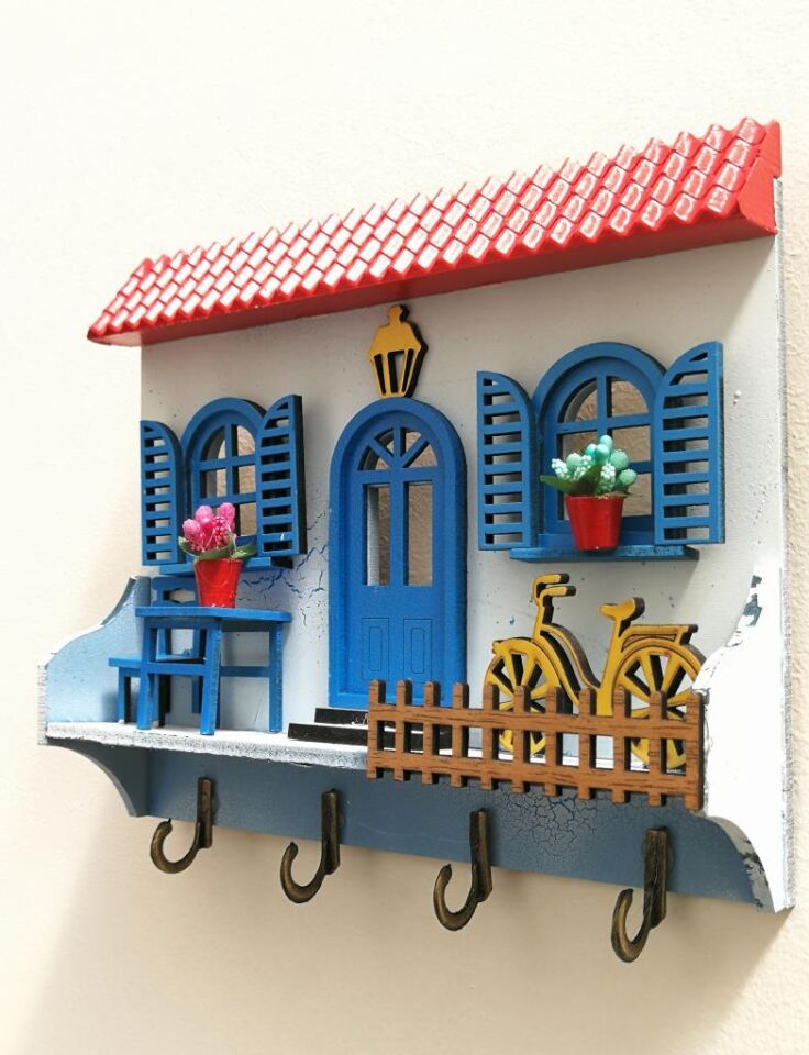 Ev Anahtarlık Duvar Ahşap Anahtar Askısı Kırmızı