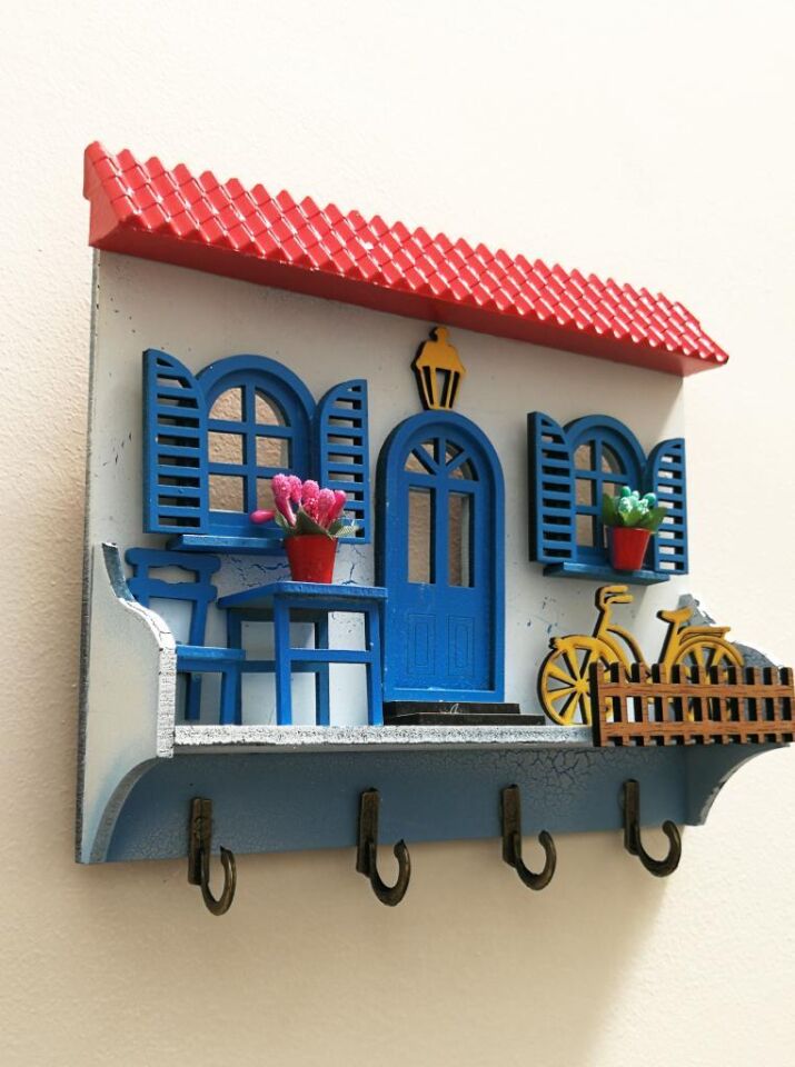 Ev Anahtarlık Duvar Ahşap Anahtar Askısı Kırmızı