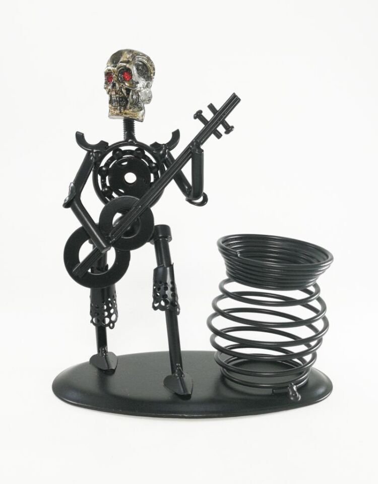 Dekoratif Gitar Çalan Kuru Kafa Metal Kalemlik Masa Dekoru Masa Kalemliği