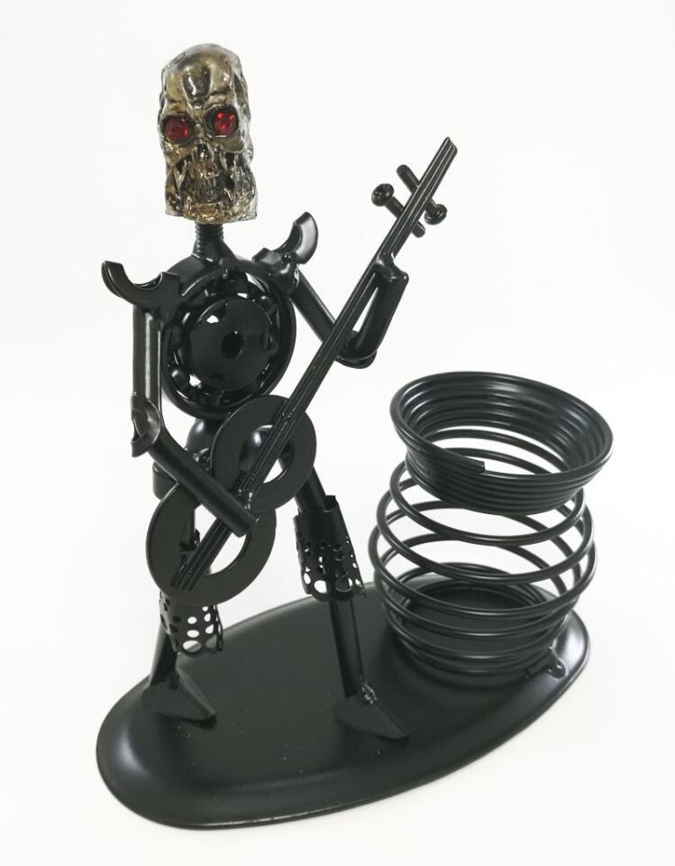 Dekoratif Gitar Çalan Kuru Kafa Metal Kalemlik Masa Dekoru Masa Kalemliği