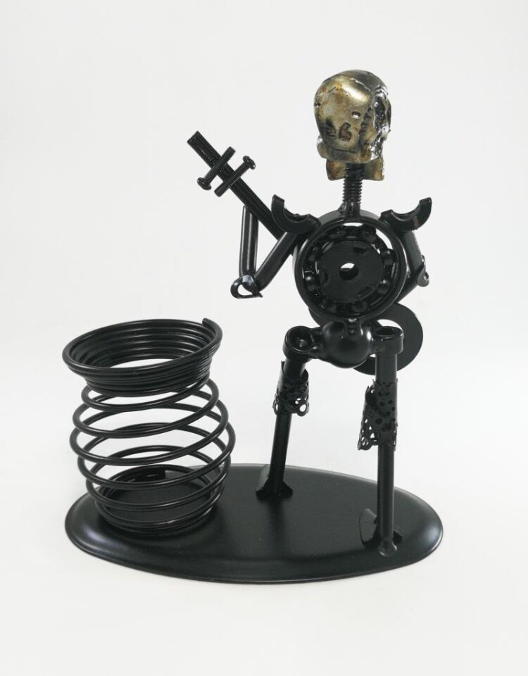 Dekoratif Gitar Çalan Kuru Kafa Metal Kalemlik Masa Dekoru Masa Kalemliği