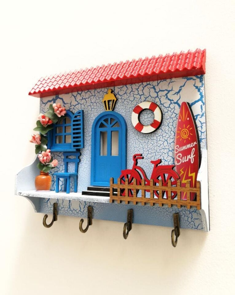 Ev Anahtarlık Duvar Ahşap Hediyelik Anahtar Askısı Kırmızı