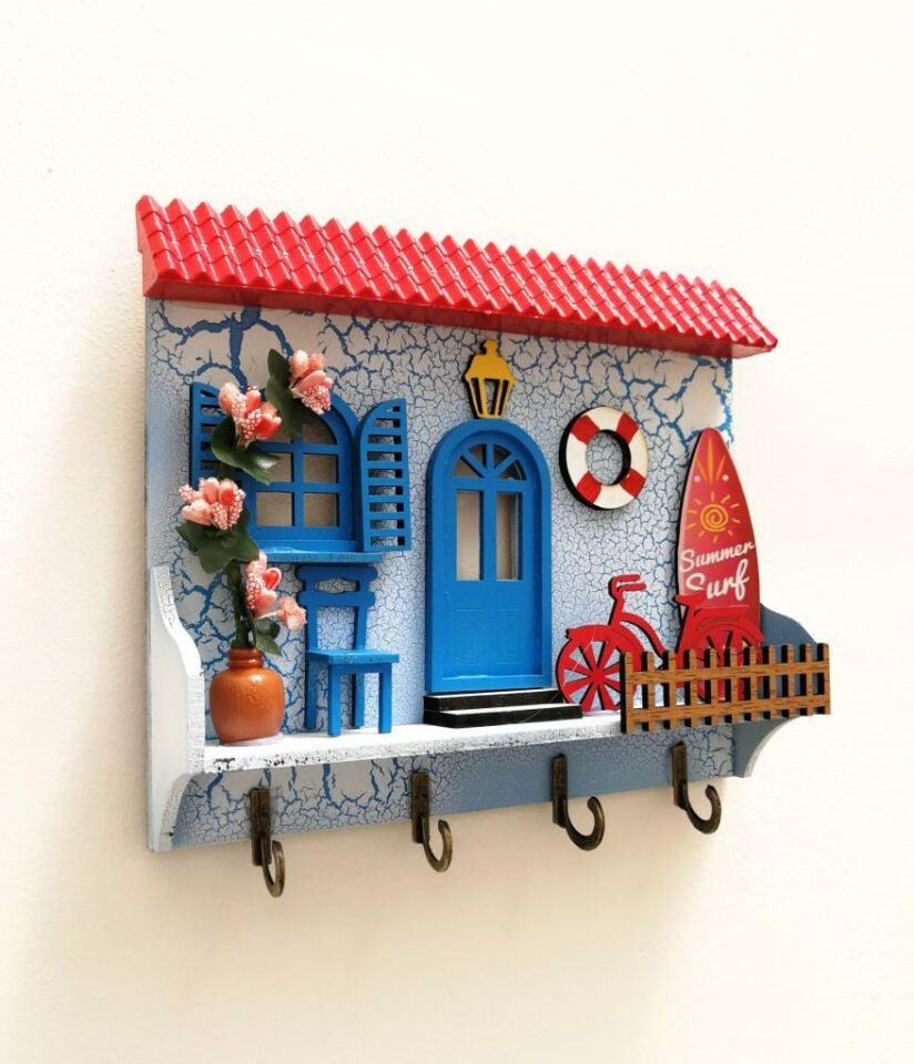 Ev Anahtarlık Duvar Ahşap Hediyelik Anahtar Askısı Kırmızı