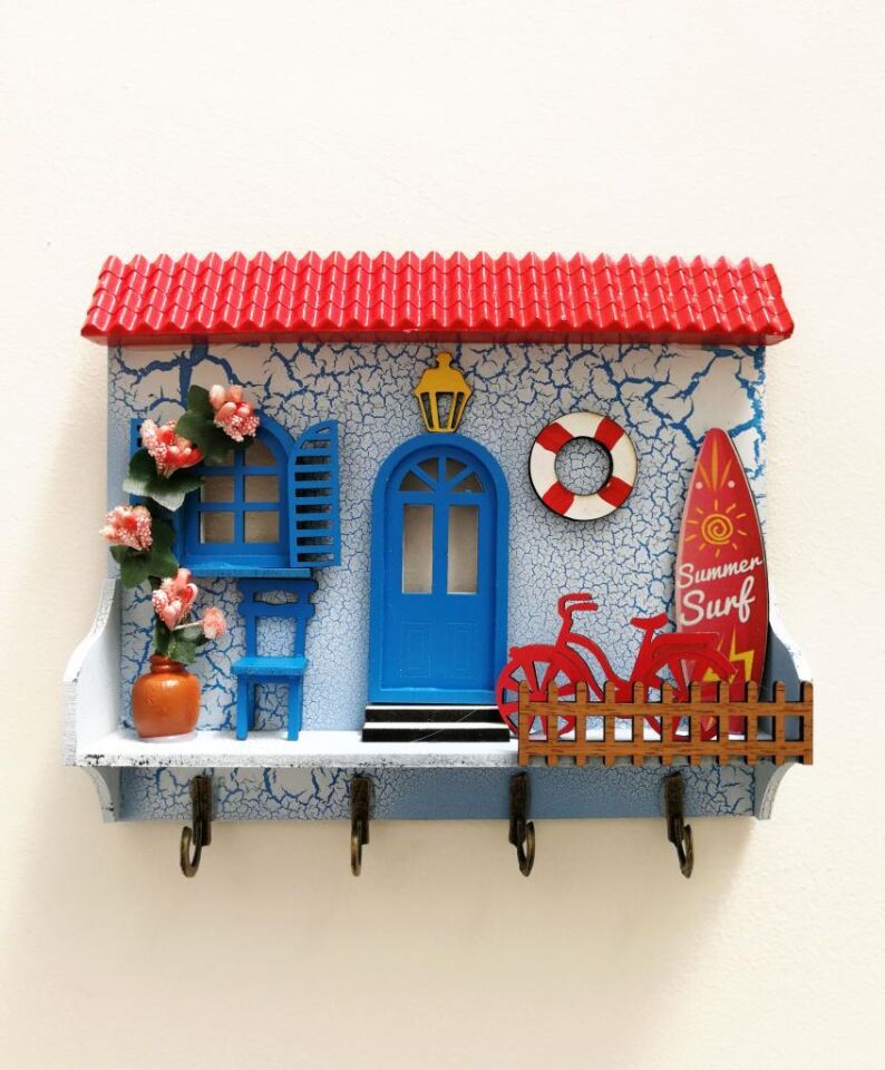 Ev Anahtarlık Duvar Ahşap Hediyelik Anahtar Askısı Kırmızı