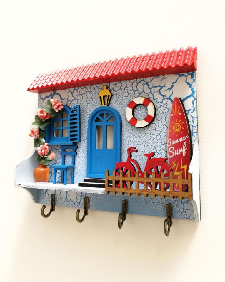 Ev Anahtarlık Duvar Ahşap Hediyelik Anahtar Askısı Kırmızı