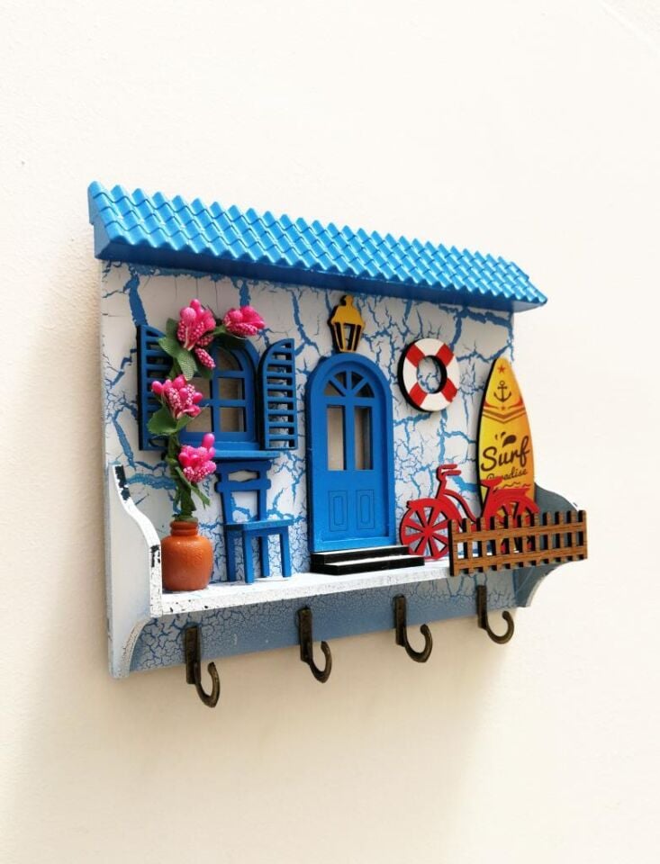 Ev Anahtarlık Duvar Ahşap Hediyelik Anahtar Askısı MAVİ