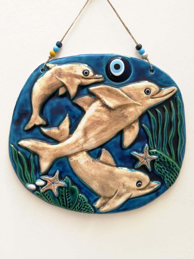 Seramik Yunus Balıkları Dekoratif El İşi Duvar Süsü Büyük Boy Nazarlık