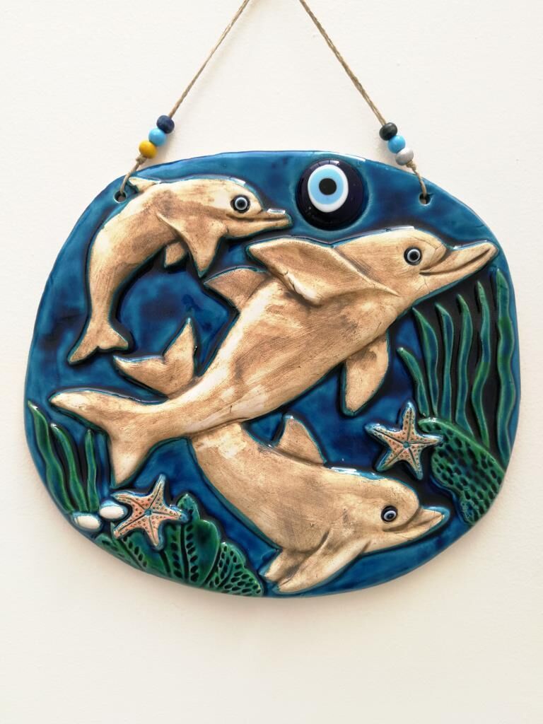 Seramik Yunus Balıkları Dekoratif El İşi Duvar Süsü Büyük Boy Nazarlık