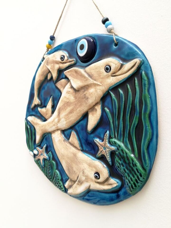 Seramik Yunus Balıkları Dekoratif El İşi Duvar Süsü Büyük Boy Nazarlık