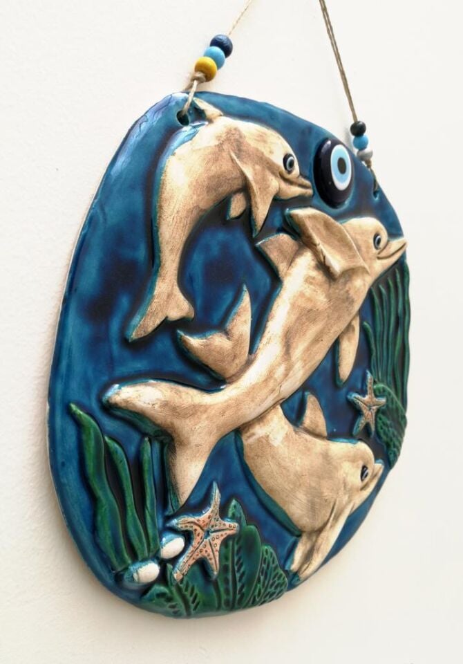 Seramik Yunus Balıkları Dekoratif El İşi Duvar Süsü Büyük Boy Nazarlık