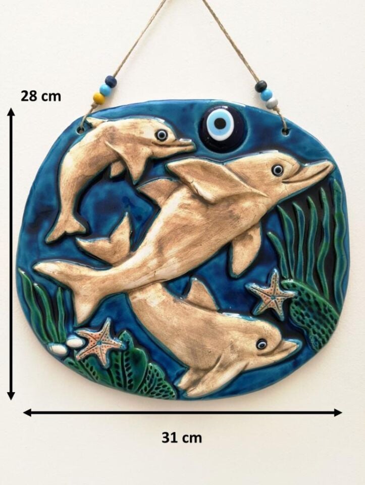 Seramik Yunus Balıkları Dekoratif El İşi Duvar Süsü Büyük Boy Nazarlık