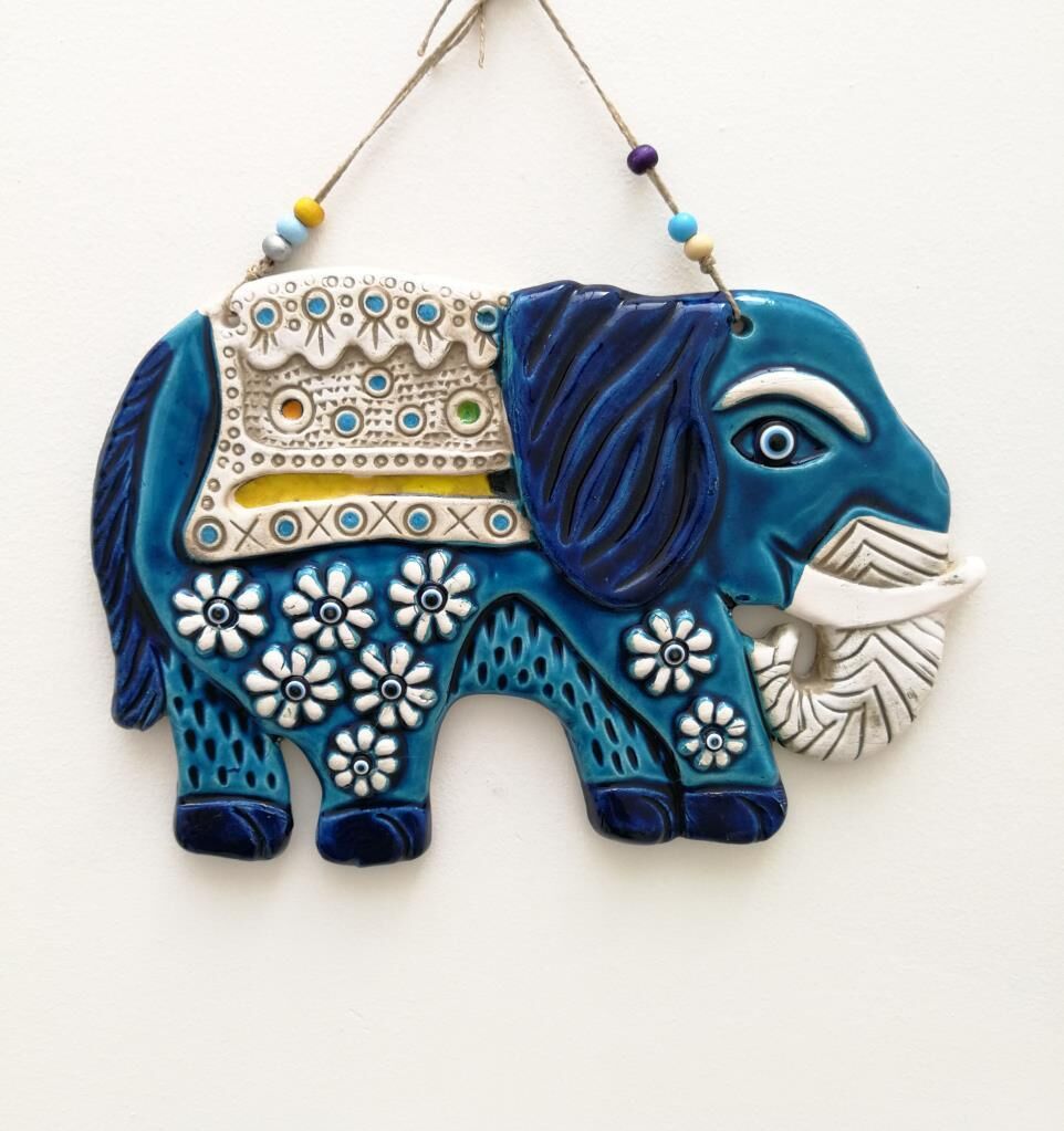 Seramik Uğurlu Fil Dekoratif El İşi Duvar Süsü Büyük Boy Nazarlık