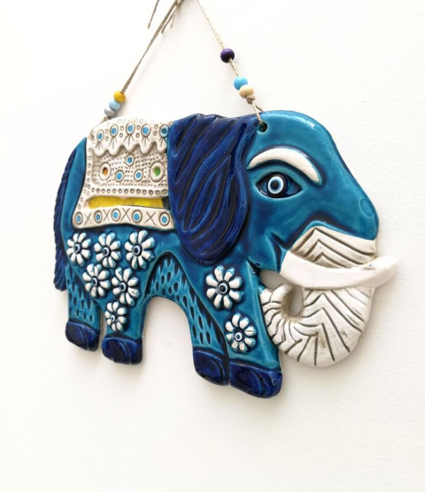 Seramik Uğurlu Fil Dekoratif El İşi Duvar Süsü Büyük Boy Nazarlık