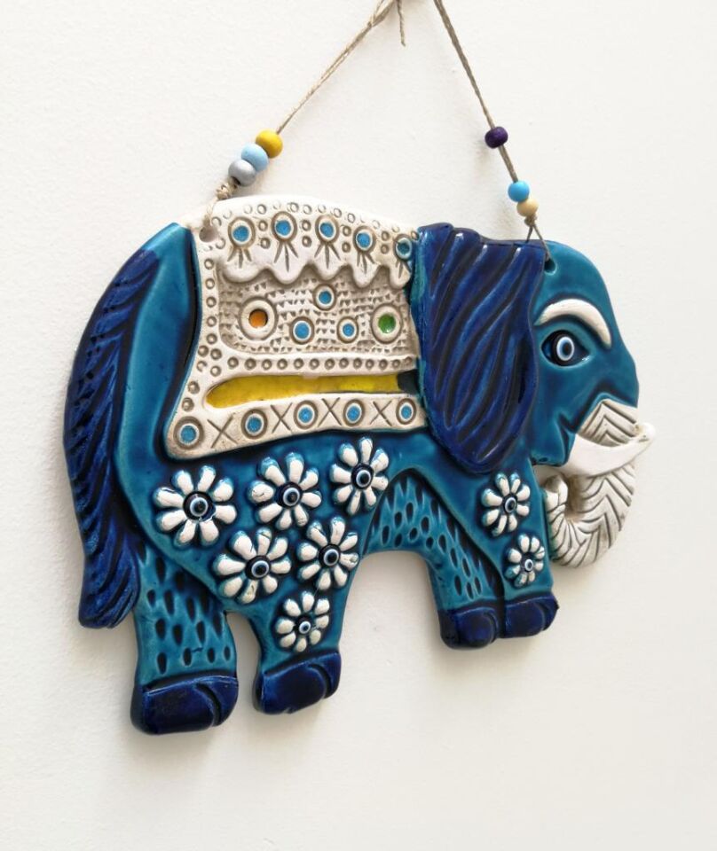 Seramik Uğurlu Fil Dekoratif El İşi Duvar Süsü Büyük Boy Nazarlık