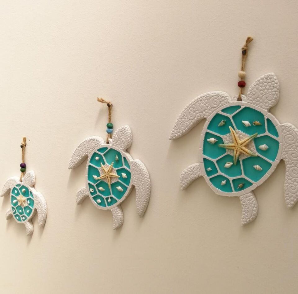 Dekoratif Üçlü Deniz Kaplumbağası Duvar Süsü Üçlü Kaplumbağa Ev Dekoru Turkuaz