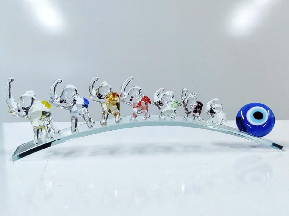 Nazar Boncuklu Yedili Fil Figürlü Cam Bereket Biblo