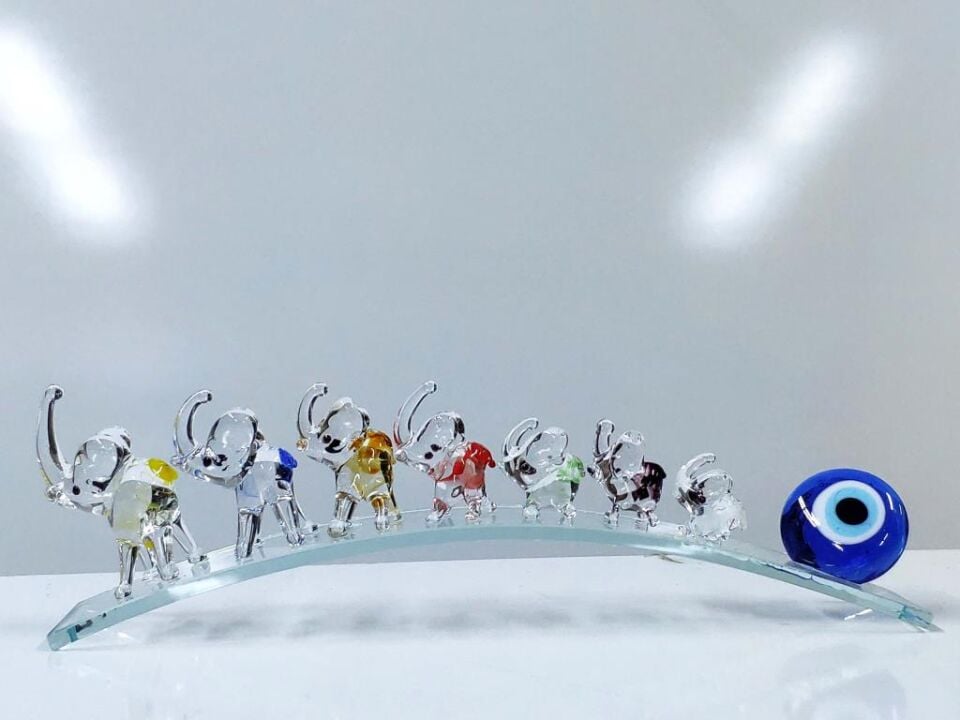 Nazar Boncuklu Yedili Fil Figürlü Cam Bereket Biblo