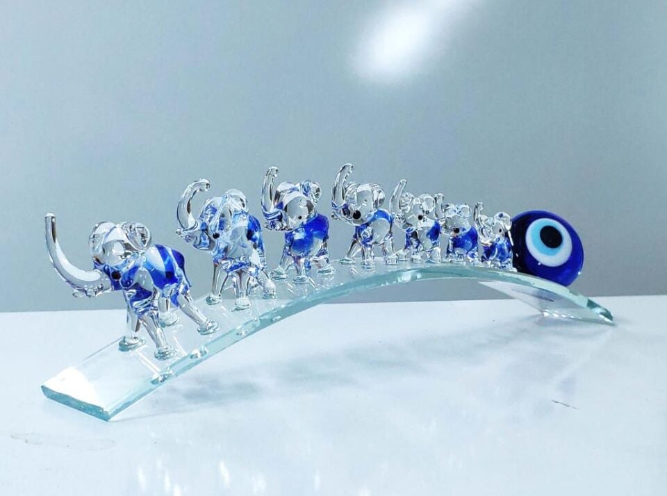 Nazar Boncuklu Yedili Fil Figürlü Cam Bereket Biblo