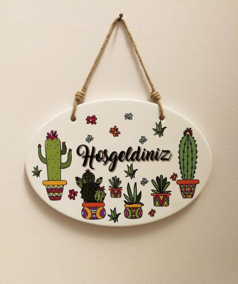 Hoşgeldiniz Kapı ve Duvar Süsü Kaktüs