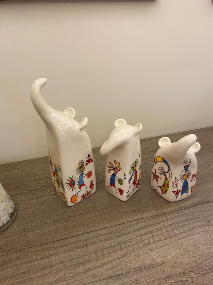 Dekoratif Fil Biblo Seti Üçlü Seramik Filler