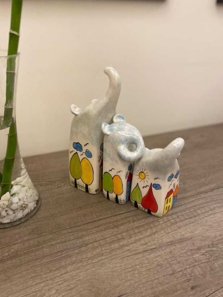 Dekoratif Fil Biblo Seti Üçlü Seramik Filler