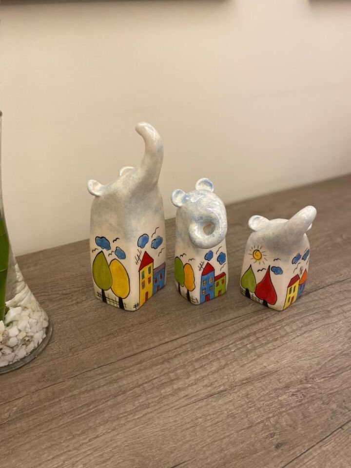 Dekoratif Fil Biblo Seti Üçlü Seramik Filler