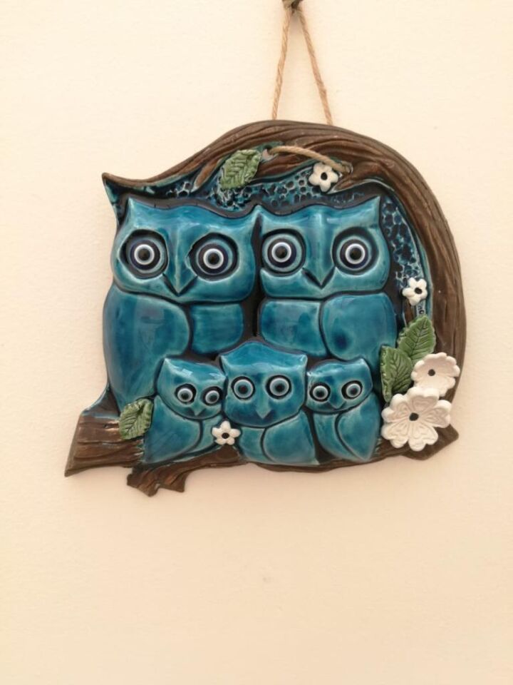 Seramik Baykuş Aile Dekoratif El İşi Duvar Süsü Nazarlık