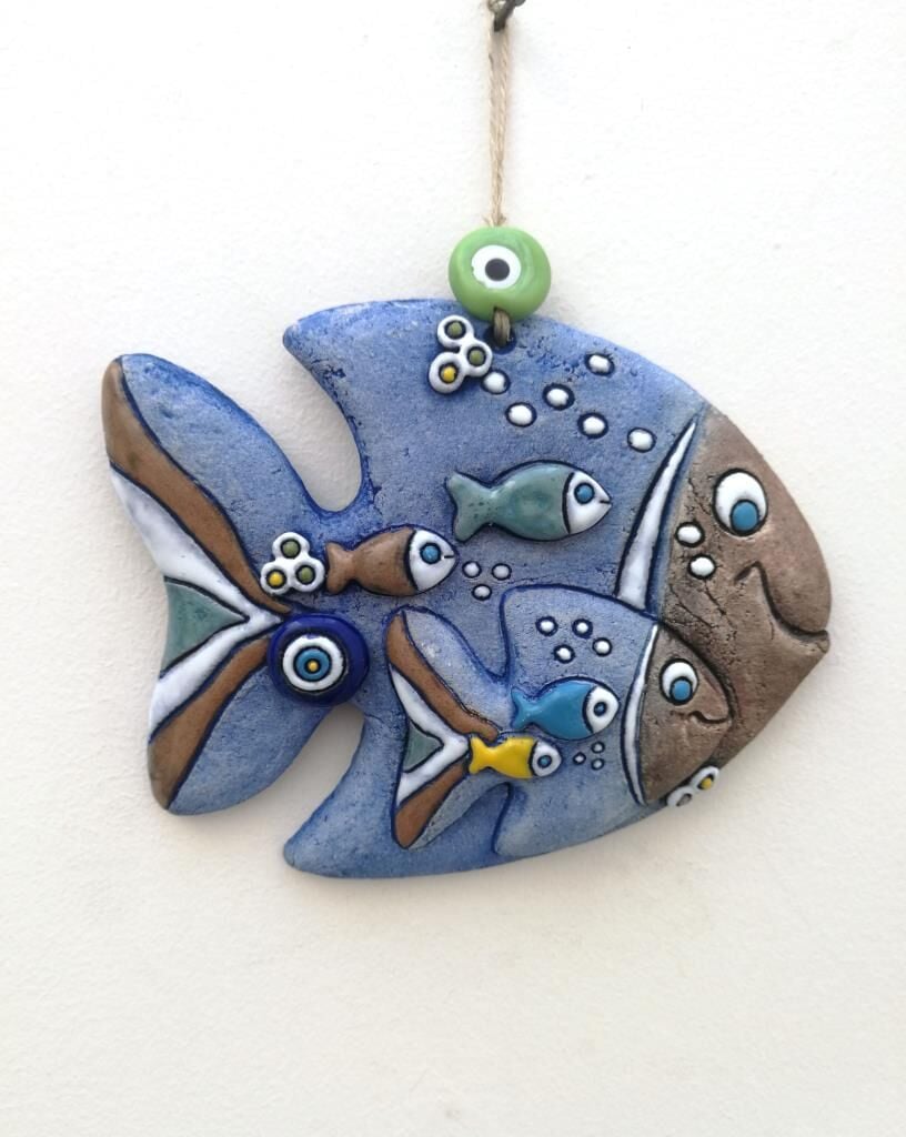 Özel Tasarım Seramik Sevimli Anne ve Yavru Balık Duvar Süsü