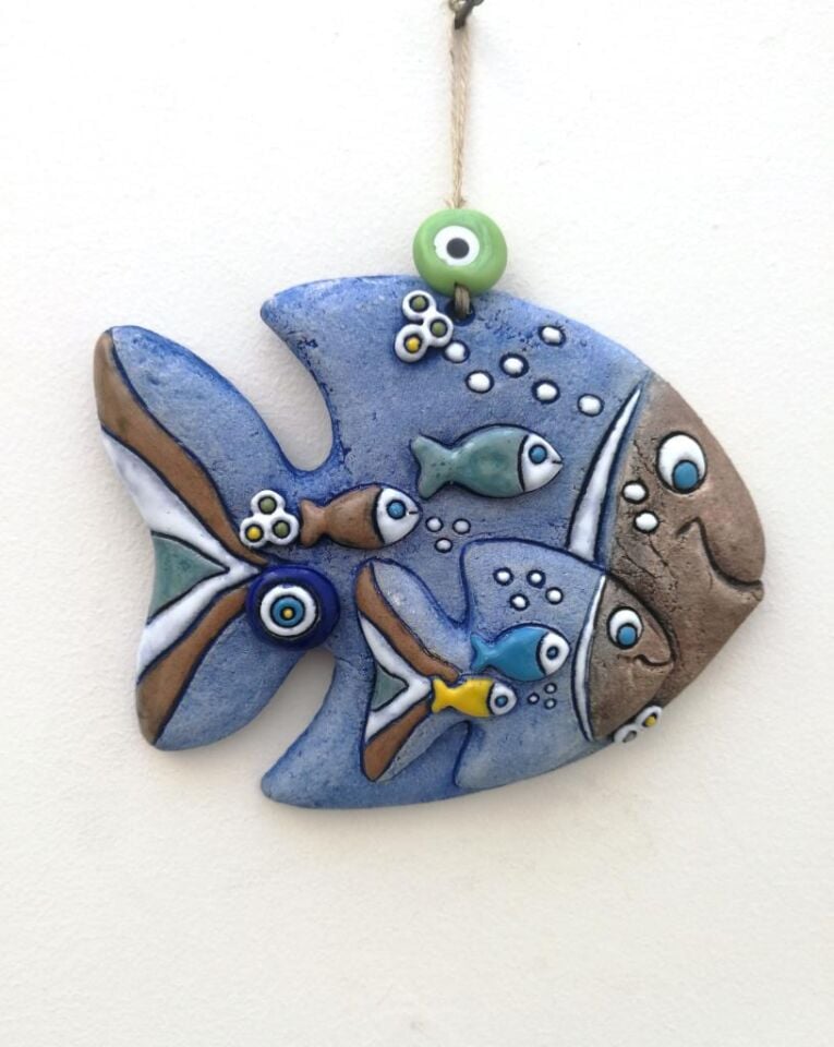 Özel Tasarım Seramik Sevimli Anne ve Yavru Balık Duvar Süsü