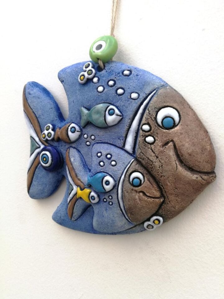 Özel Tasarım Seramik Sevimli Anne ve Yavru Balık Duvar Süsü