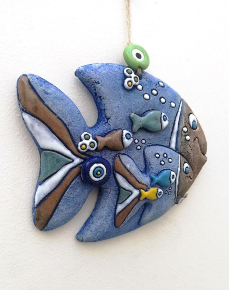 Özel Tasarım Seramik Sevimli Anne ve Yavru Balık Duvar Süsü