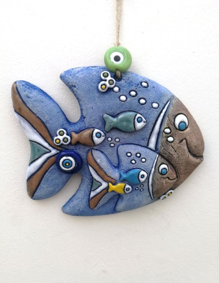 Özel Tasarım Seramik Sevimli Anne ve Yavru Balık Duvar Süsü