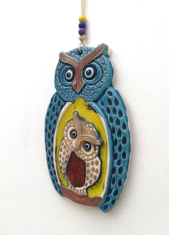 Seramik Baykuş Aile Dekoratif El İşi Duvar Süsü Nazarlık