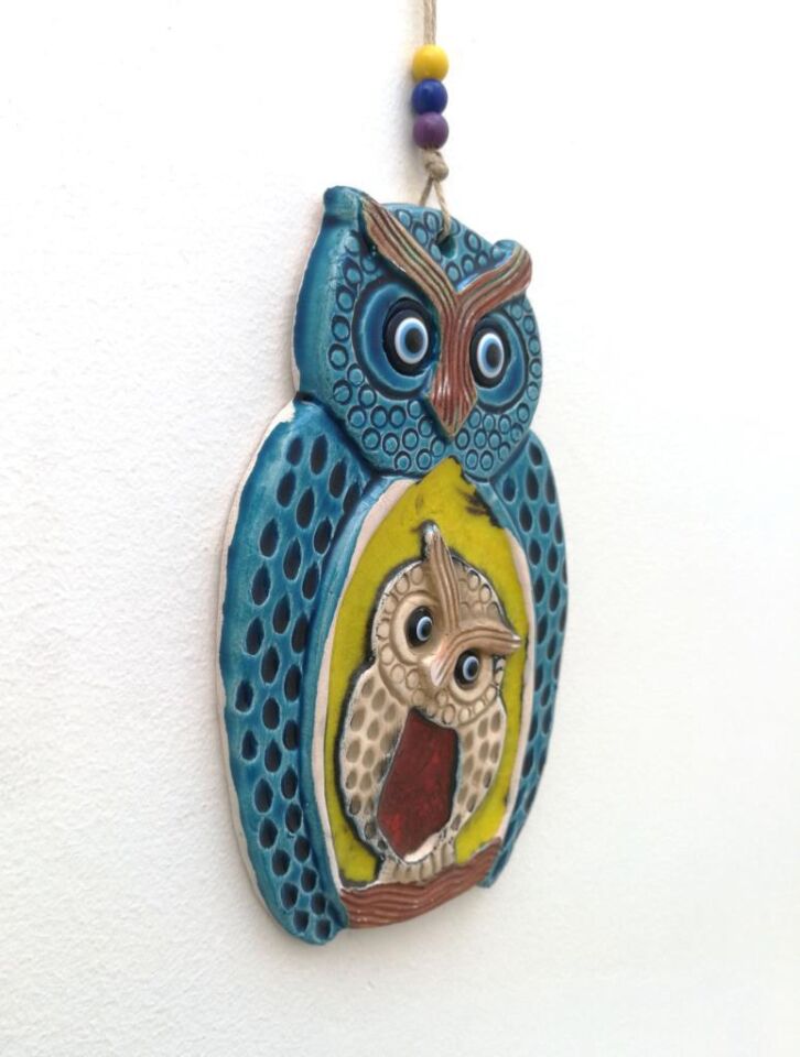 Seramik Baykuş Aile Dekoratif El İşi Duvar Süsü Nazarlık