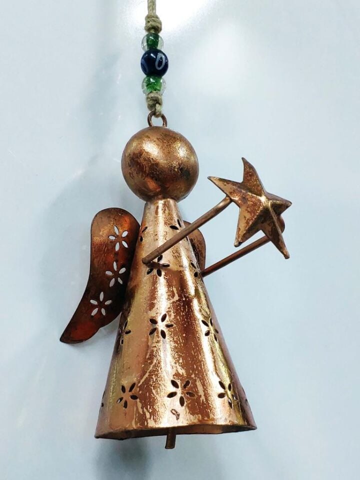 Kalp veya Yıldız Taşıyan Melek Figürlü Metal Çan Dekoratif Süs