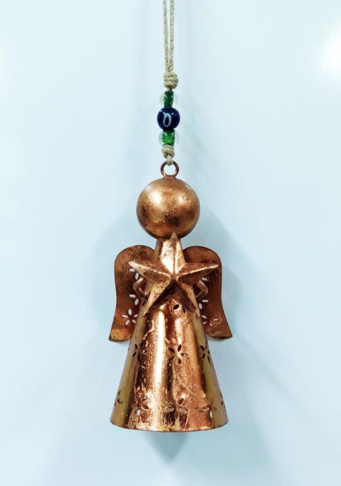 Kalp veya Yıldız Taşıyan Melek Figürlü Metal Çan Dekoratif Süs