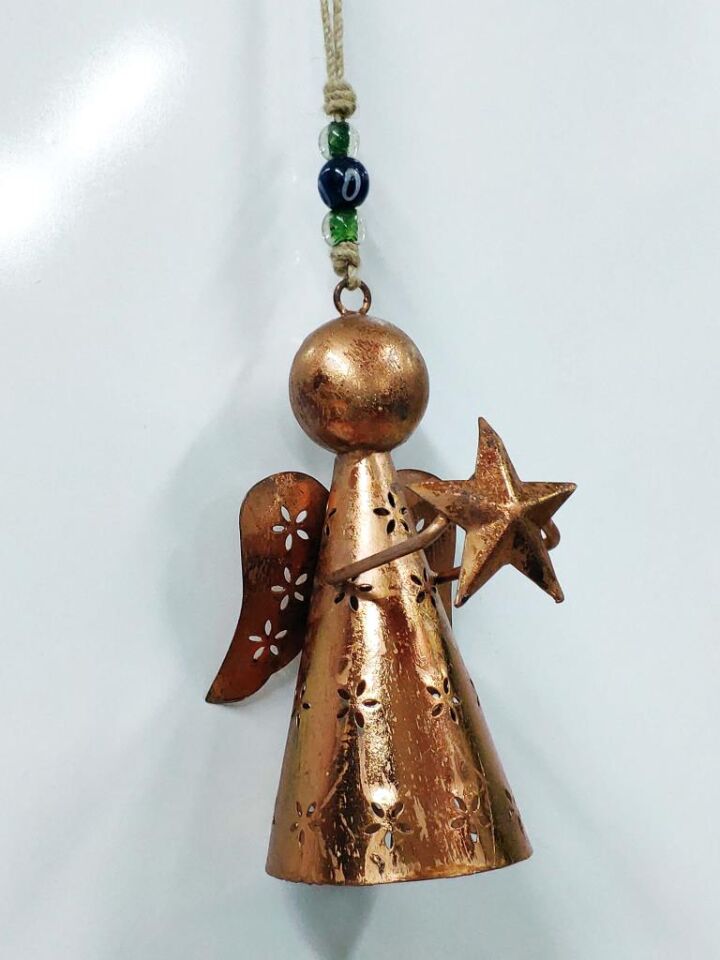 Kalp veya Yıldız Taşıyan Melek Figürlü Metal Çan Dekoratif Süs