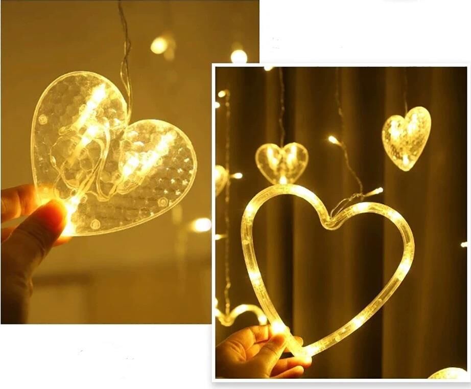 Dekoratif Kalp Perde Günışığı Pilli Sarkıt Led Işık Aydınlatma