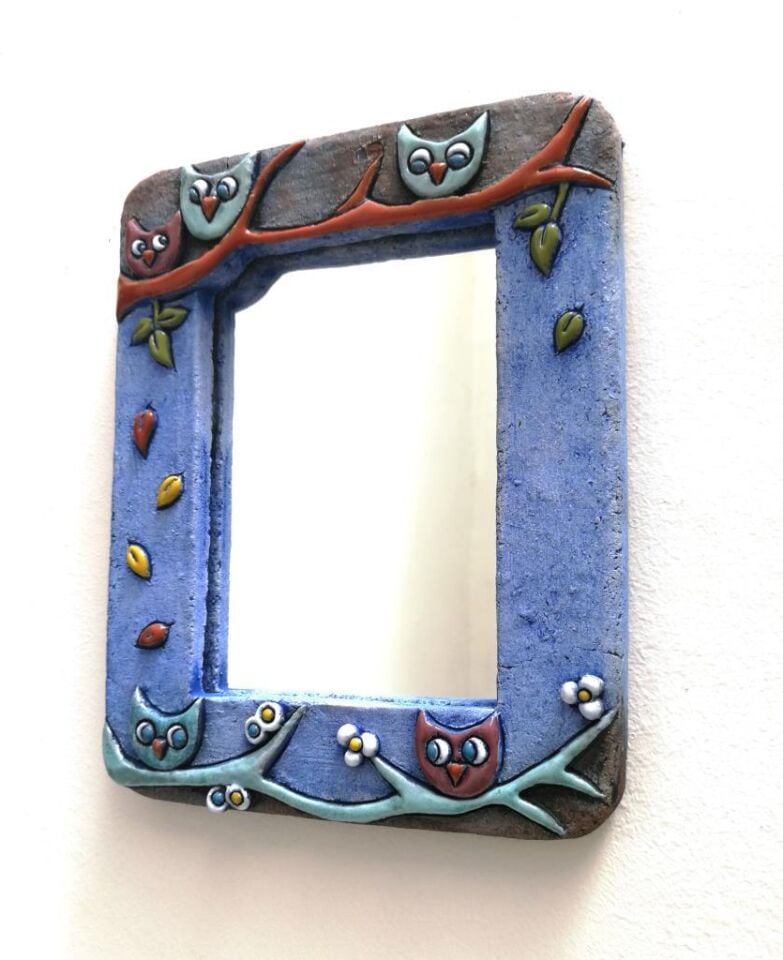 Özel Tasarım Baykuş Süslemeli Seramik Çerçeve Ayna 14.5 x 10 cm