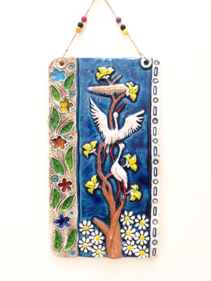 Seramik Leylek ve Çiçek Figürlü El İşi Duvar Süsü Büyük Boy Nazarlık