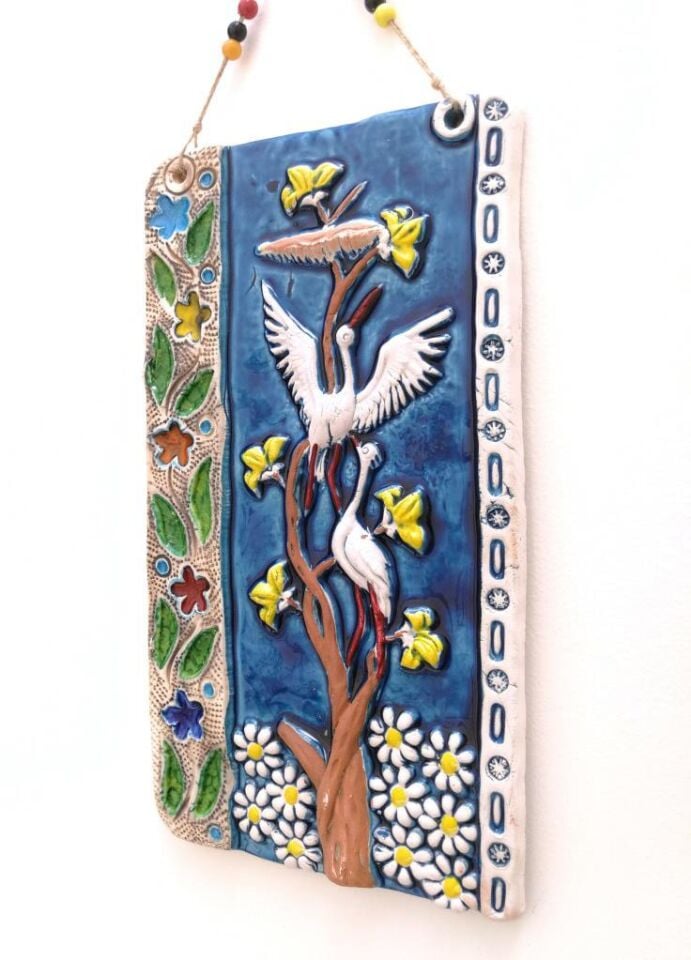 Seramik Leylek ve Çiçek Figürlü El İşi Duvar Süsü Büyük Boy Nazarlık