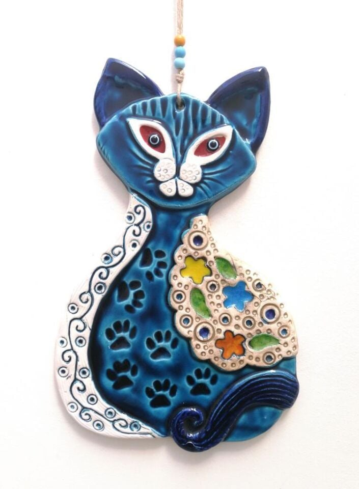 Seramik Kedi El İşi Duvar Süsü Büyük Boy Nazarlık