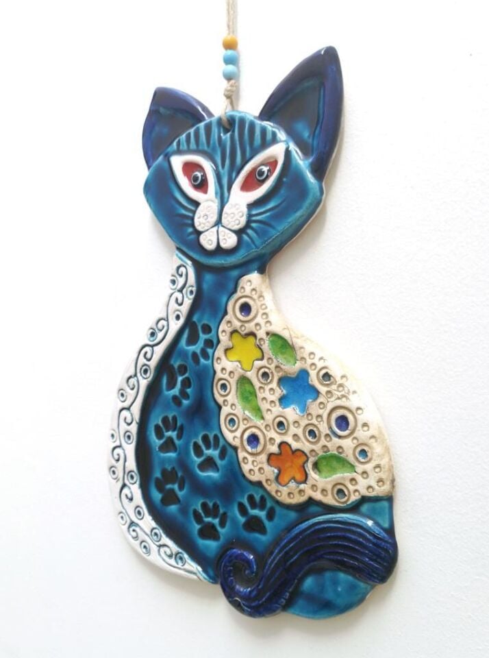 Seramik Kedi El İşi Duvar Süsü Büyük Boy Nazarlık