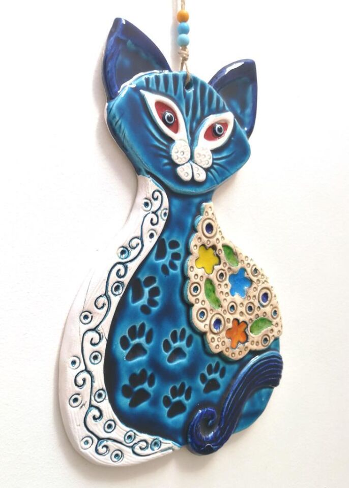 Seramik Kedi El İşi Duvar Süsü Büyük Boy Nazarlık