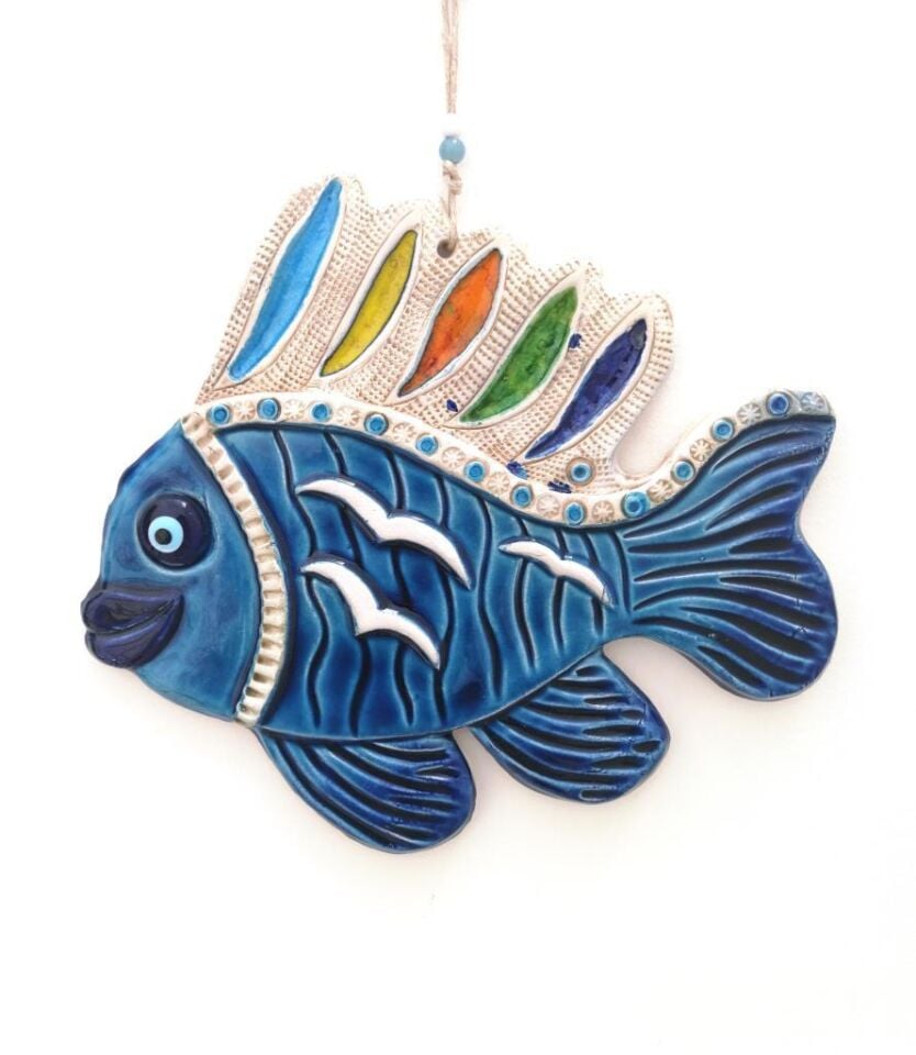Seramik Balık Figürlü El İşi Duvar Süsü Büyük Boy Nazarlık