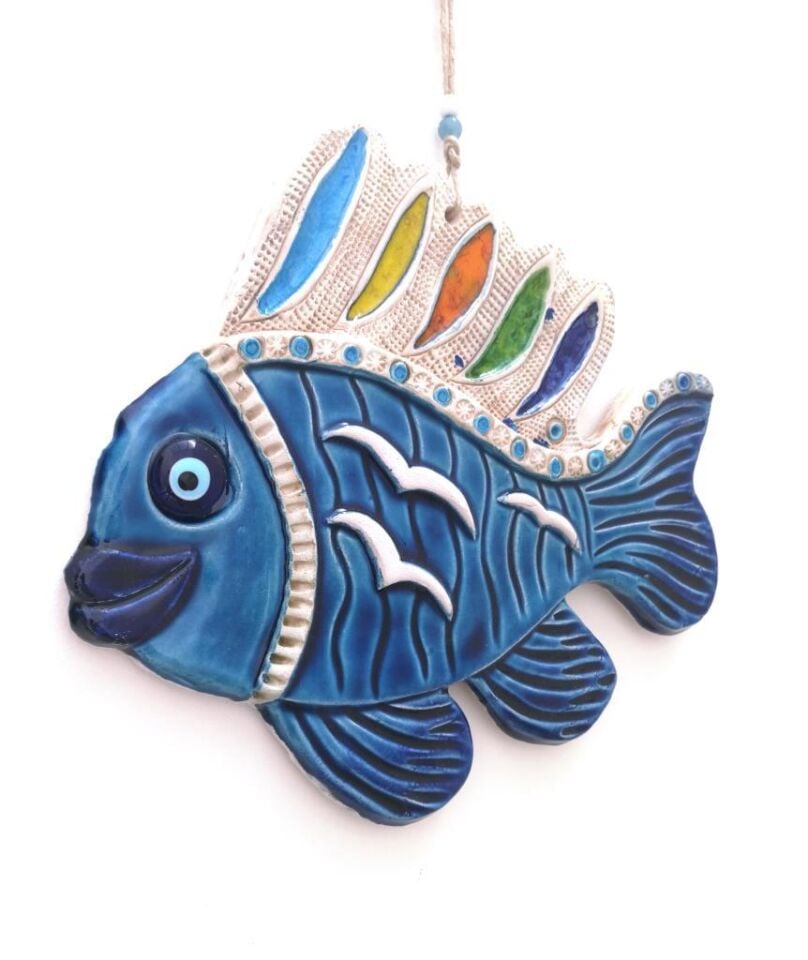 Seramik Balık Figürlü El İşi Duvar Süsü Büyük Boy Nazarlık