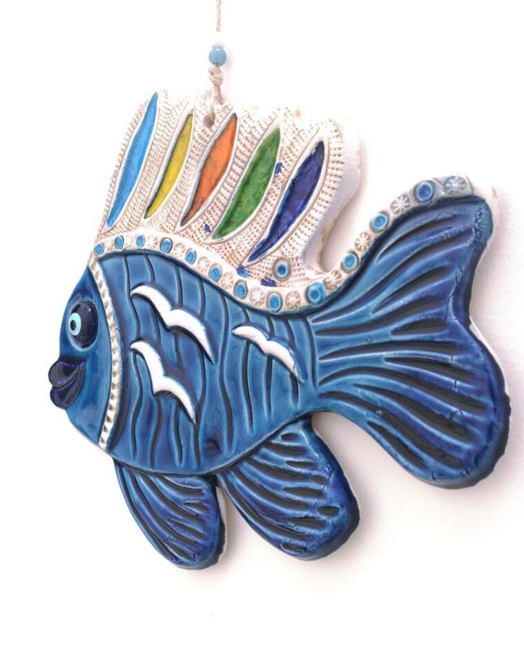 Seramik Balık Figürlü El İşi Duvar Süsü Büyük Boy Nazarlık