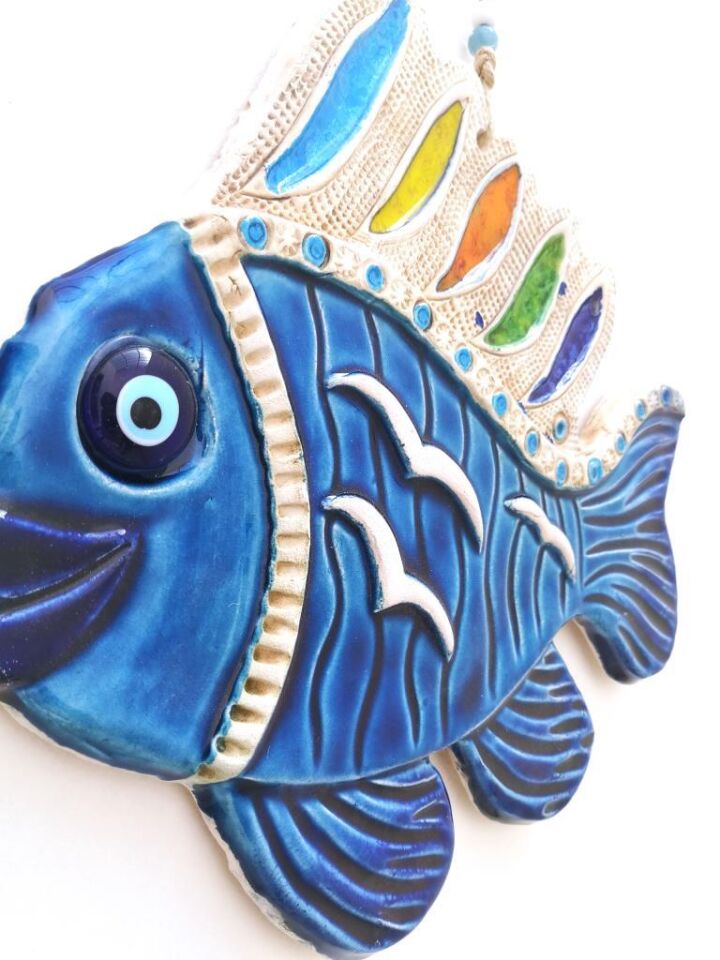 Seramik Balık Figürlü El İşi Duvar Süsü Büyük Boy Nazarlık