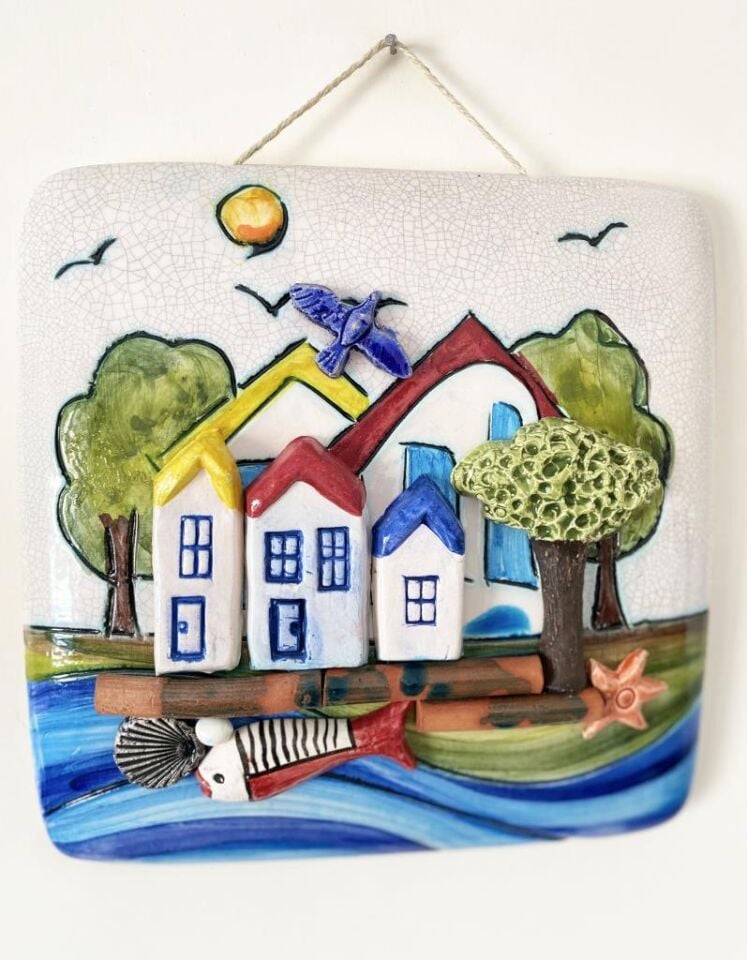 Seramik Ev Ağaç Deniz Balık Temalı Dekoratif Duvar Süsü