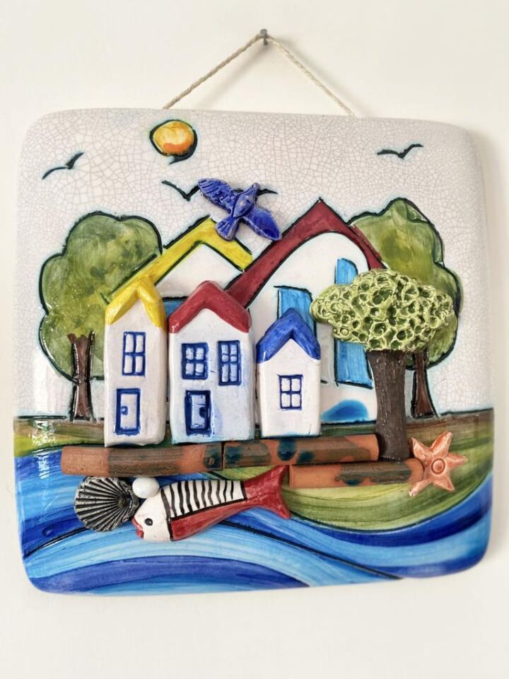 Seramik Ev Ağaç Deniz Balık Temalı Dekoratif Duvar Süsü